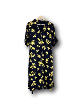 Lemon Print Midi Dress Navy Yellow Amalfi Coast Euro Summer Button Front